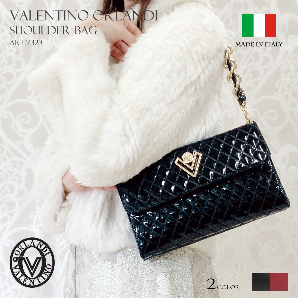 2025 秋冬 イタリア製 ダイヤ刺繍 本革 パテントカーフレザー 3WAY ショルダーバッグ レディース Valentino Orlandi ヴァレンティノ・オルランディ art.7323