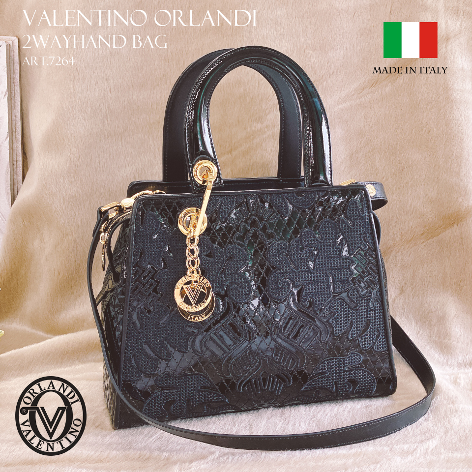 2025 秋冬 イタリア製 RODI刺繍 本革 パテントカーフレザー 2WAY ショルダーバッグ レディース Valentino Orlandi ヴァレンティノ・オルランディ art.7264