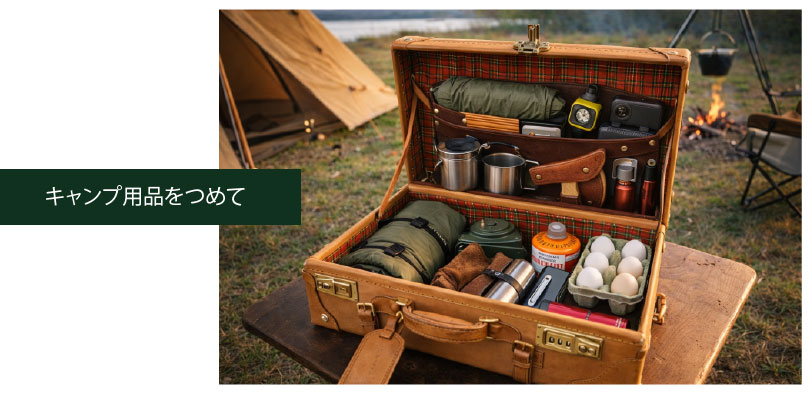 ヌメ革トランクケースにキャンプ用品をつめて